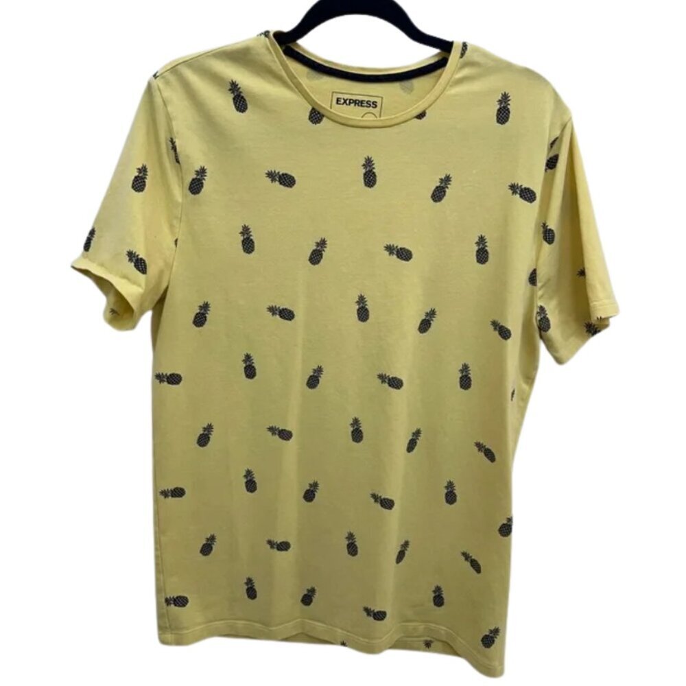 Express Women’s Yellow Tropical Short Sleeve T-Shirt Navy Pineapple Print Size M
